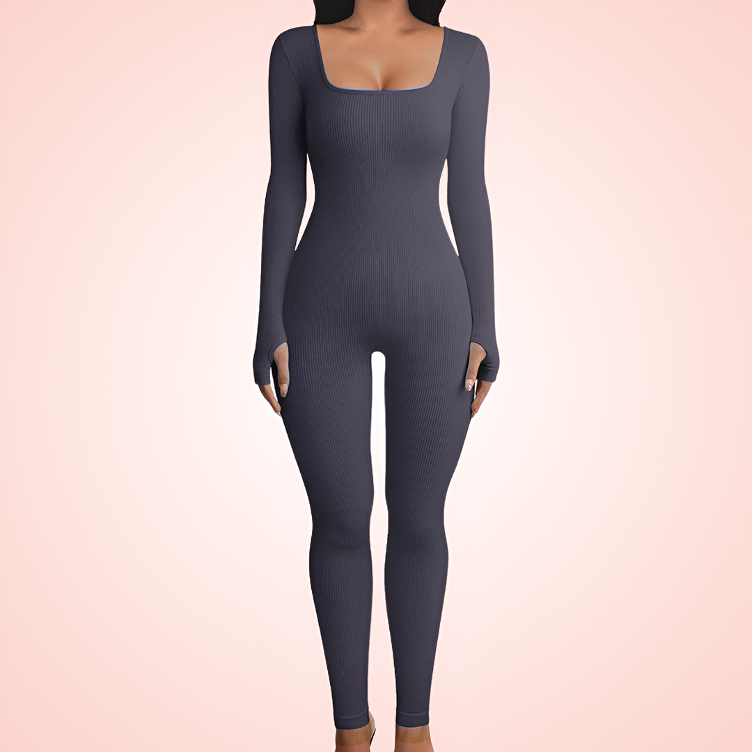 Seamless Square Neck Long Sleeve Shaping Jumpsuit with Built In Bra