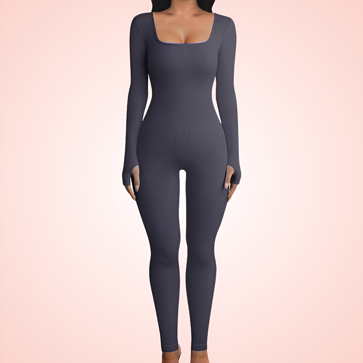 Seamless Square Neck Long Sleeve Shaping Jumpsuit with Built In Bra