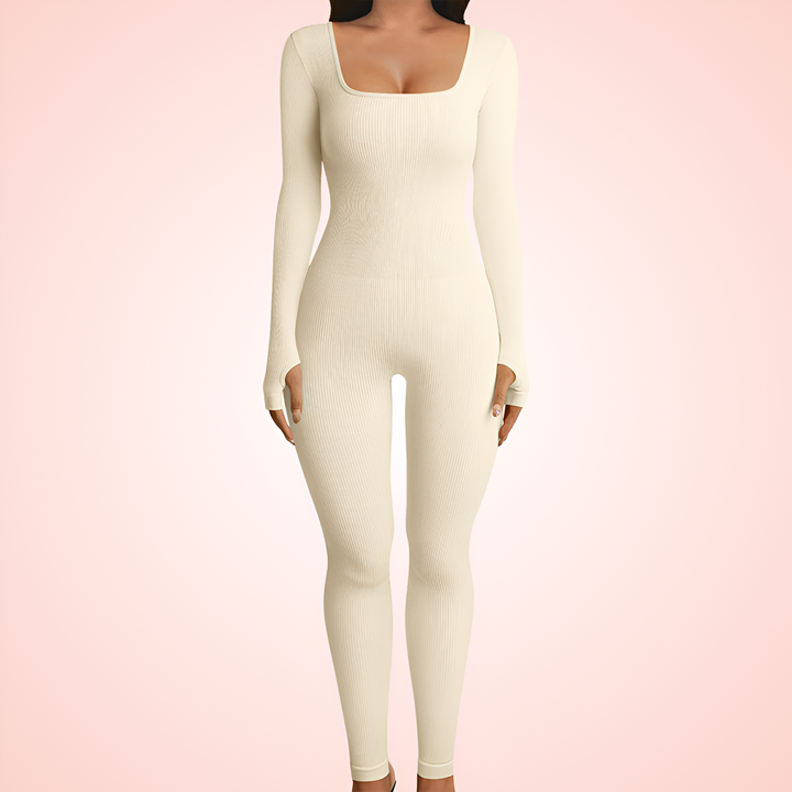 Seamless Square Neck Long Sleeve Shaping Jumpsuit with Built In Bra
