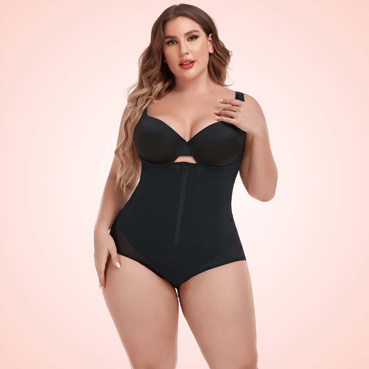 Plus Size Open Bust Bodysuit Shapewear with Waist Compression Hooks and Zipper