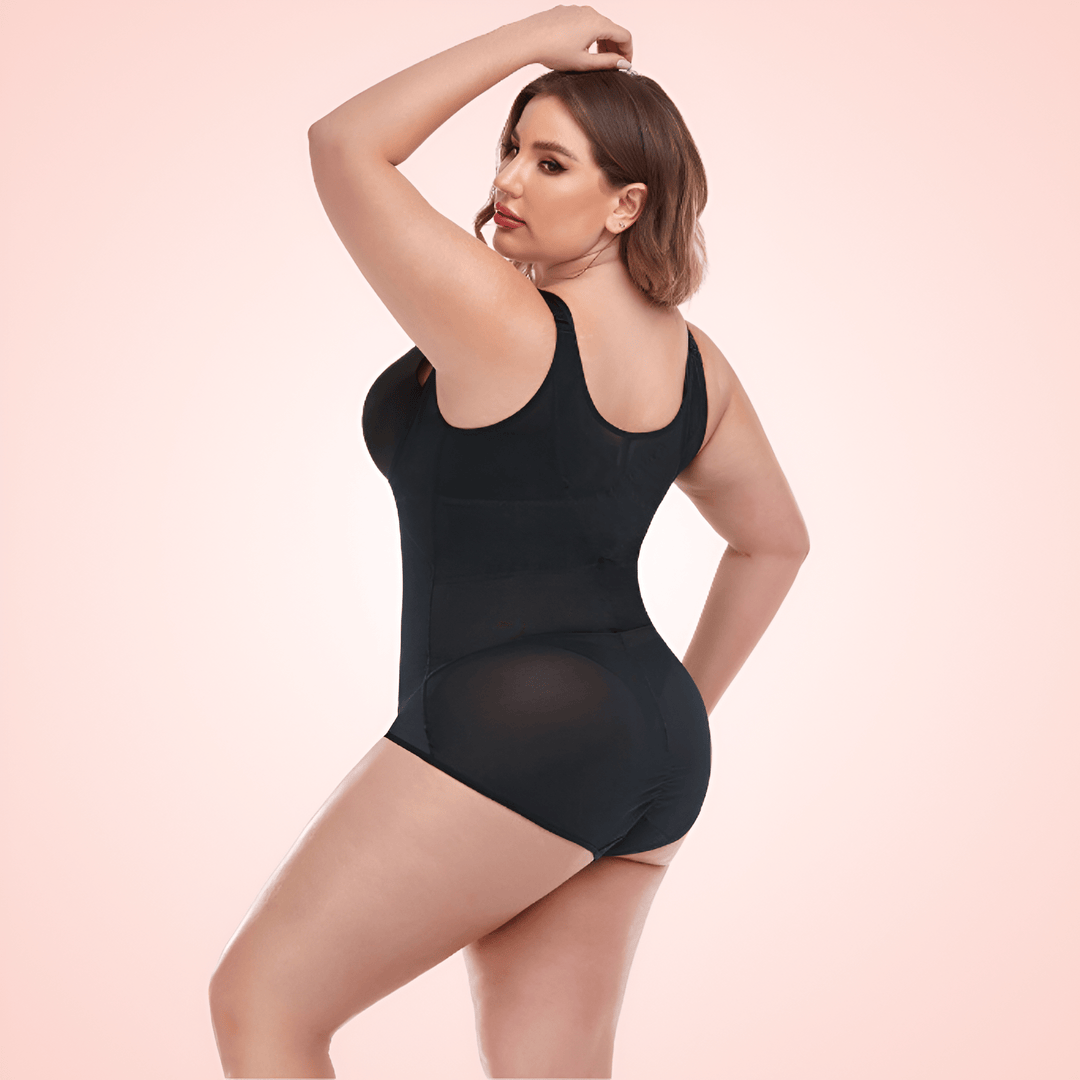 Plus Size Open Bust Bodysuit Shapewear with Waist Compression Hooks and Zipper
