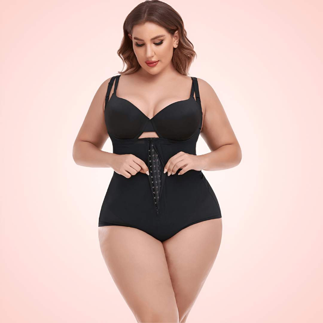Plus Size Open Bust Bodysuit Shapewear with Waist Compression Hooks and Zipper
