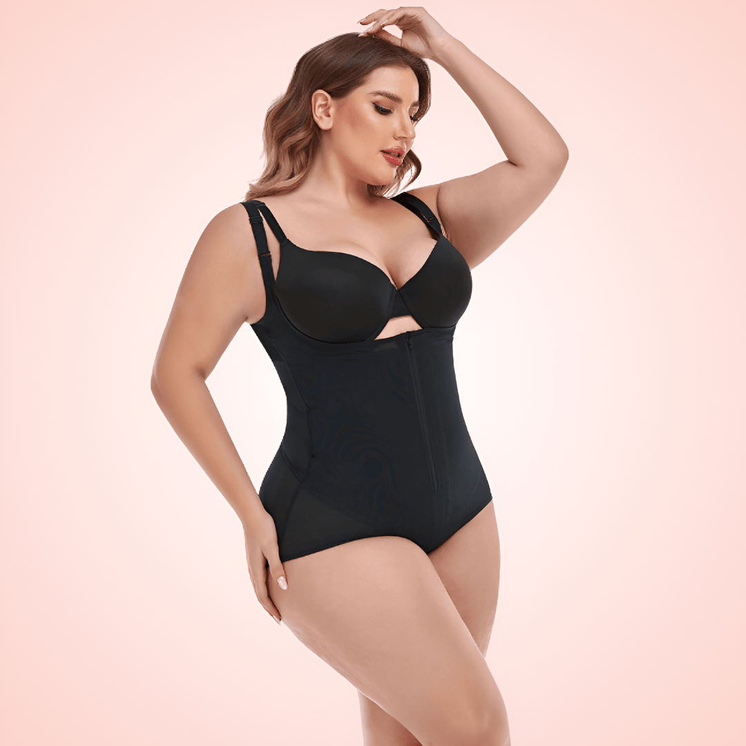 Plus Size Open Bust Bodysuit Shapewear with Waist Compression Hooks and Zipper