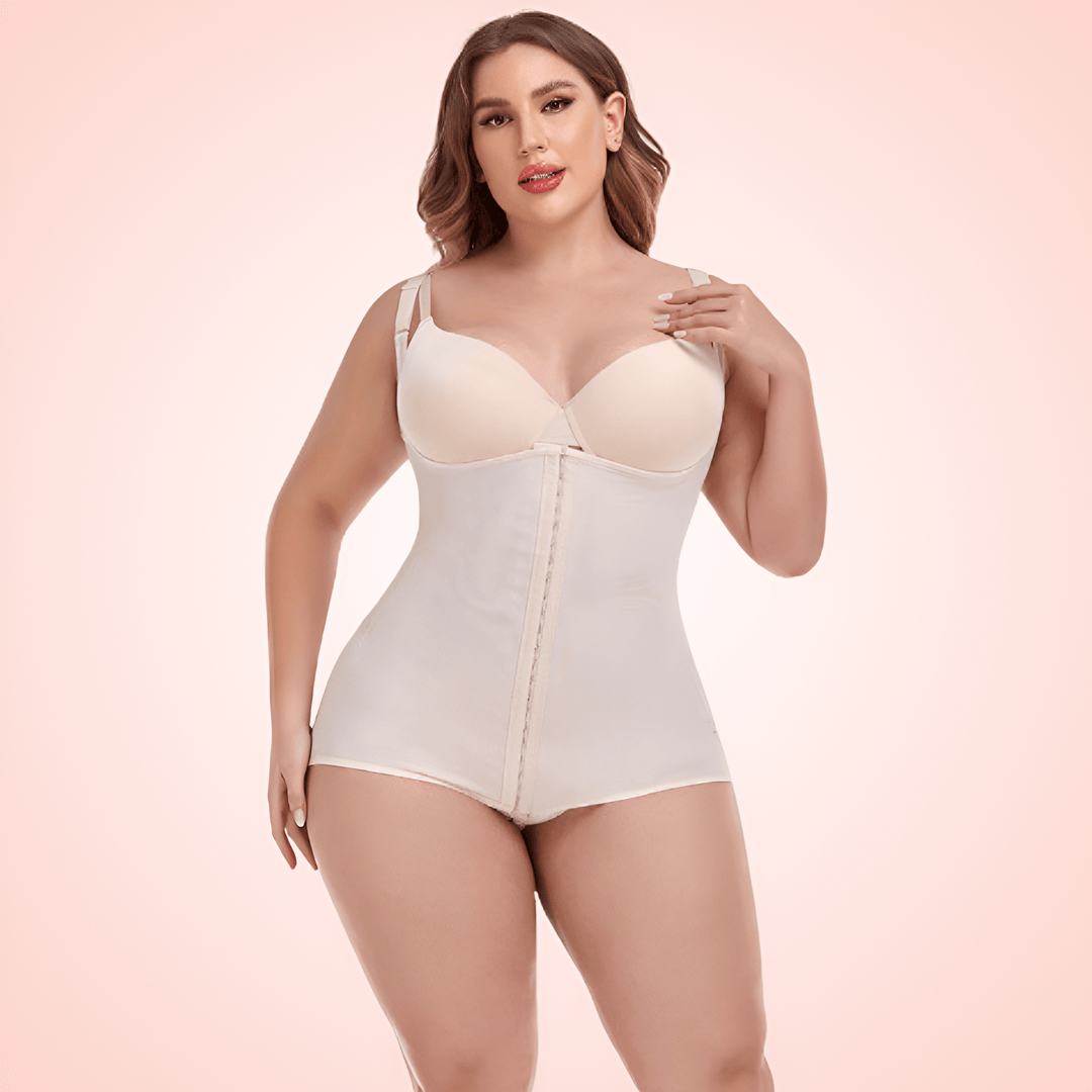 Plus Size Open Bust Bodysuit Shapewear with Waist Compression Hooks and Zipper