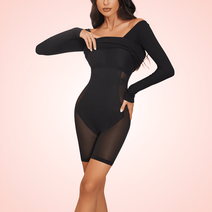 V Neck Long Sleeve Maxi Dress with Built In Shapewear