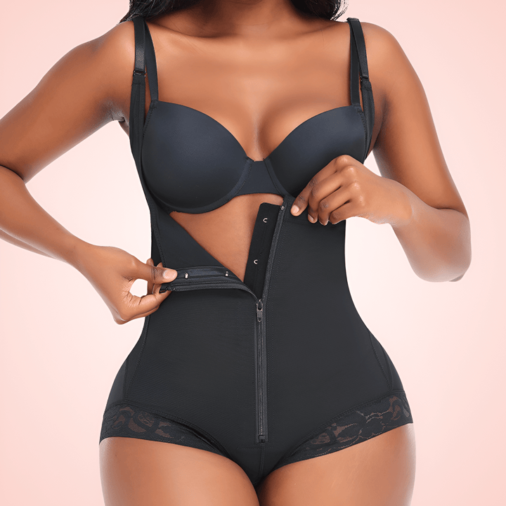 Women's Open Bust Shapewear Bodysuit with Front Zipper Compression