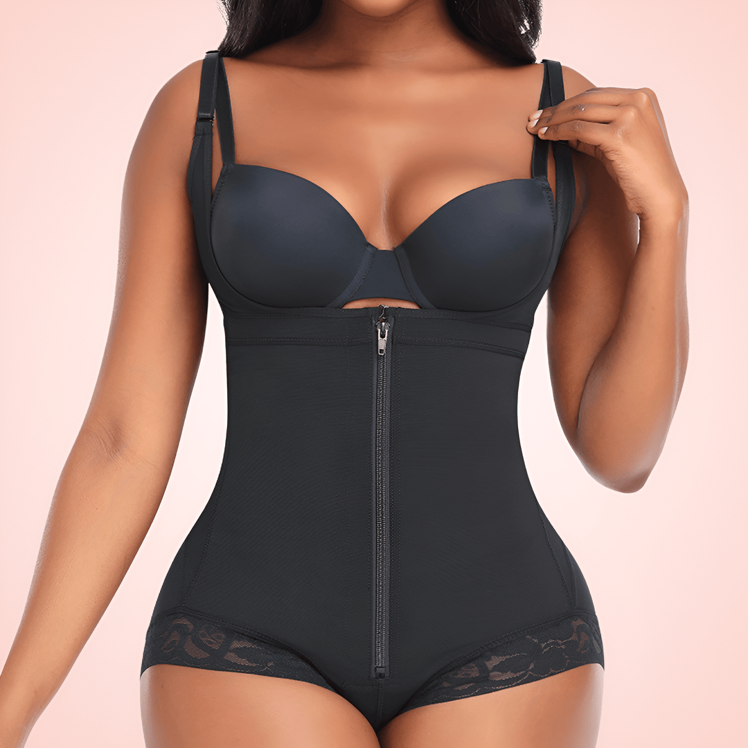 Women's Open Bust Shapewear Bodysuit with Front Zipper Compression