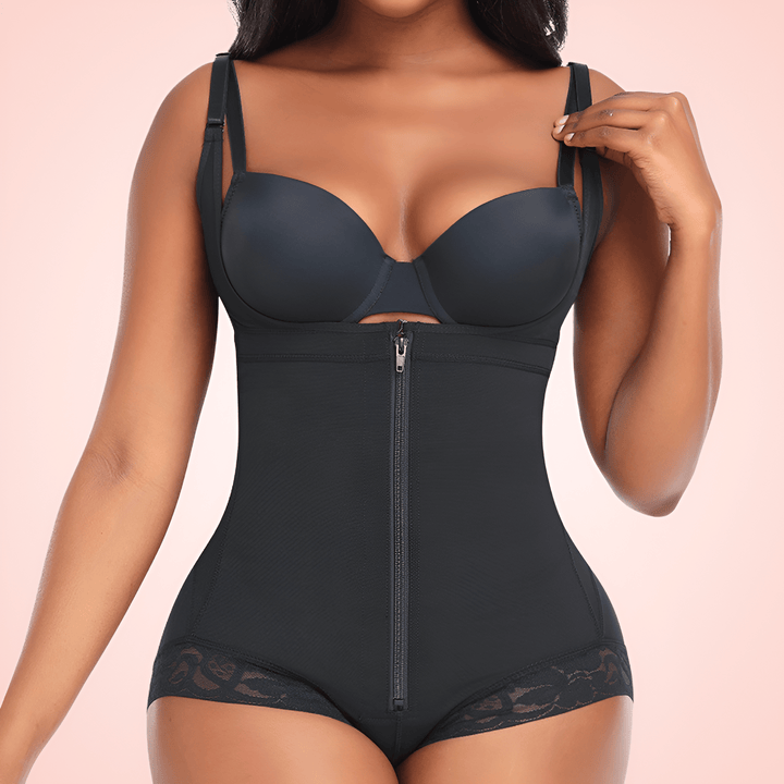 Women's Open Bust Shapewear Bodysuit with Front Zipper Compression