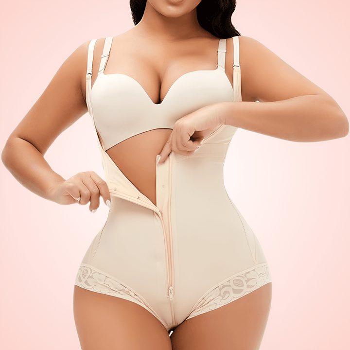 Women's Open Bust Shapewear Bodysuit with Front Zipper Compression